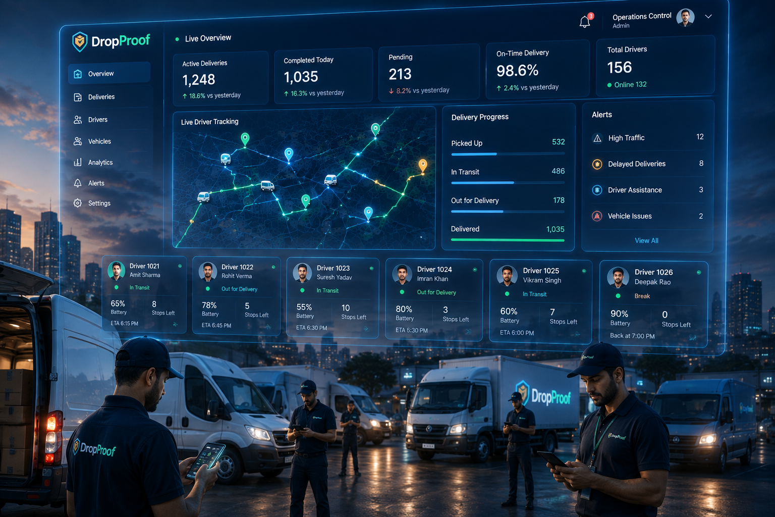 DropProof driver management dashboard showing delivery activity and operational visibility